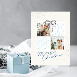 2-Photo X-mas Present Card Soft Snow Silver Bow Einladung