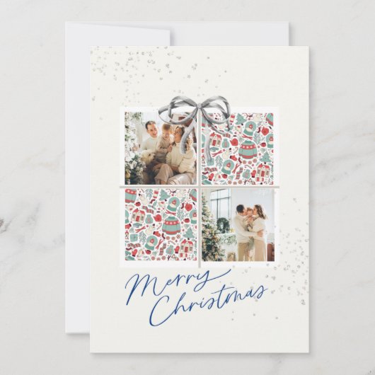 2-Photo X-mas Present Card Ugly Sweater Silver Bow Einladung (Vorderseite)