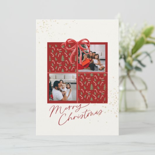 2-Photo Xmas Present Card Candy Canes Firs Red Bow Einladung (Stehend Vorderseite)