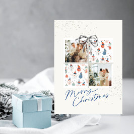 2-Photo Xmas Present Card Happy Snowmen Silver Bow Einladung