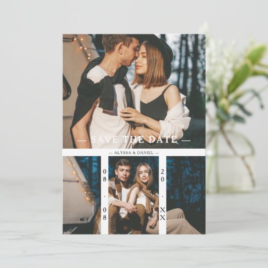 2 Photos Chic Trendy Collage Wedding Minimalist Save The Date (Stehend Vorderseite)