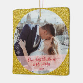 2 Photos Our First Christmas Mr Mrs Gold Glitter Keramikornament (Links)