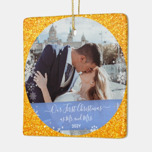2 Photos Our First Christmas Mr Mrs Gold Glitter Keramikornament (Links)