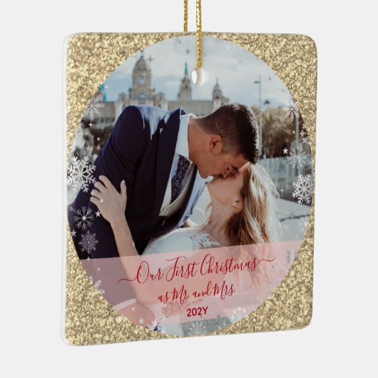 2 Photos Our First Christmas Mr Mrs Sepia Glitter Keramikornament (Rechts)
