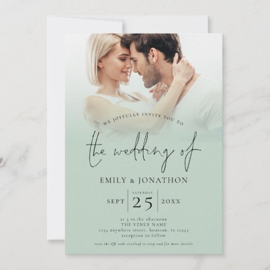 2 Photos Overlay Script QR Code Sage Wedding  Einladung (Vorderseite)