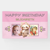 2 photos sloth birthday name kids pink party banner (Horizontal)