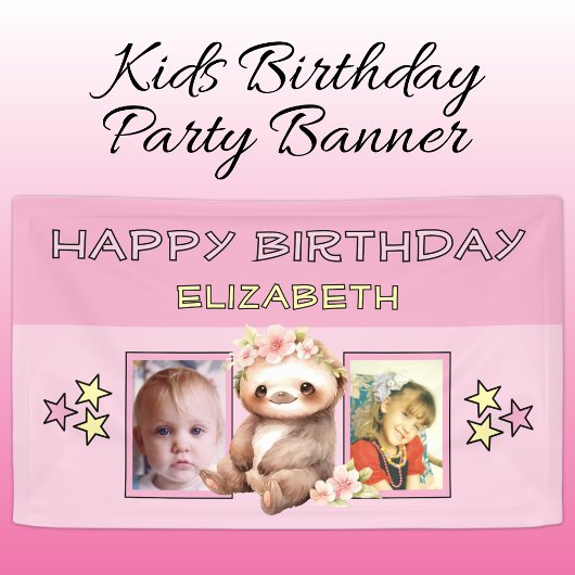 2 photos sloth birthday name kids pink party banner