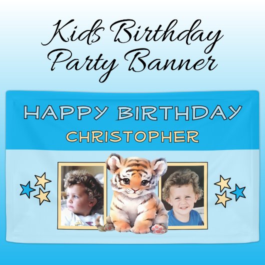 2 photos tiger birthday name kids blue party banner