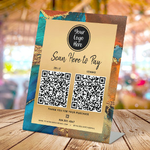 2 QR Code Bezahlen Sie hier Logo Gold Türkis Blau Sockelschild
