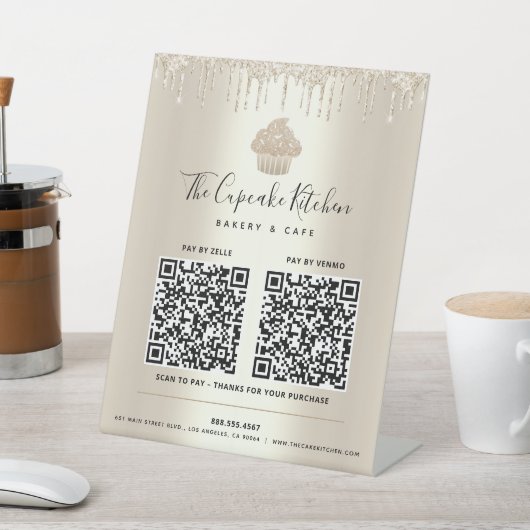 2 QR-Code Bezahlung hier Glitzer-Kuchen Sockelschild (In SItu)