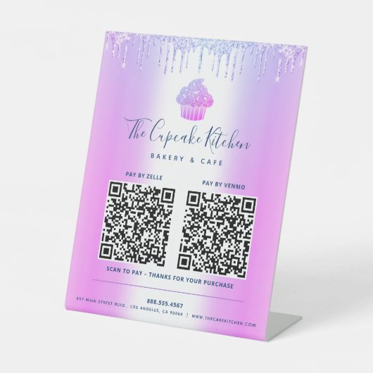 2 QR Code Bezahlung hier Lila Cupcake Glitzer Bäck Sockelschild (Vorderseite)