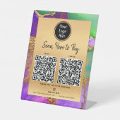 2 QR Code Bezahlung hier Logo Lila grünes Logo Sockelschild (Vorderseite)