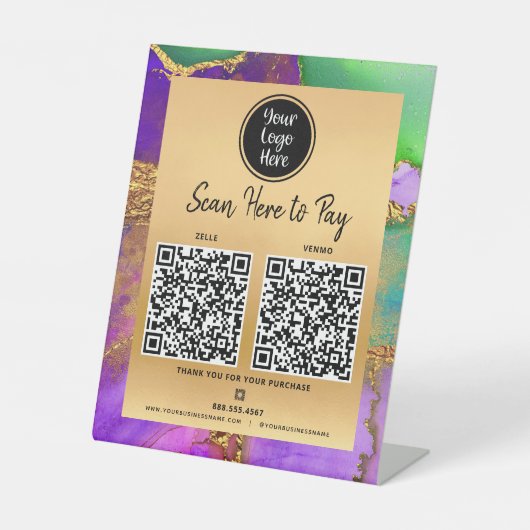 2 QR Code Bezahlung hier Logo Lila grünes Logo Sockelschild (Vorderseite)