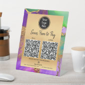 2 QR Code Bezahlung hier Logo Lila grünes Logo Sockelschild (In SItu)
