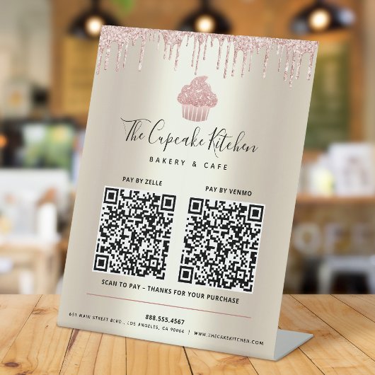 2 QR Code Bezahlung hier Rosa Cupcake Glitzer Gold Sockelschild
