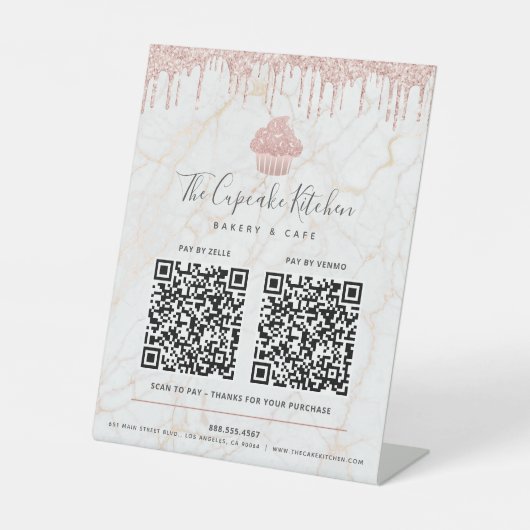 2 QR Code Bezahlung hier Rosa Cupcake Glitzer Marm Sockelschild (Vorderseite)
