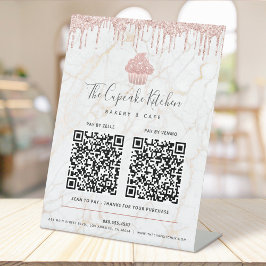 2 QR Code Bezahlung hier Rosa Cupcake Glitzer Marm Sockelschild