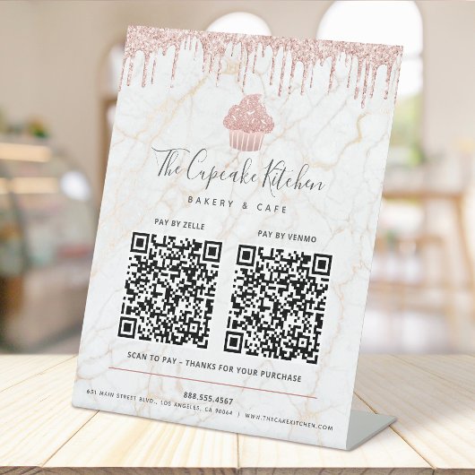 2 QR Code Bezahlung hier Rosa Cupcake Glitzer Marm Sockelschild