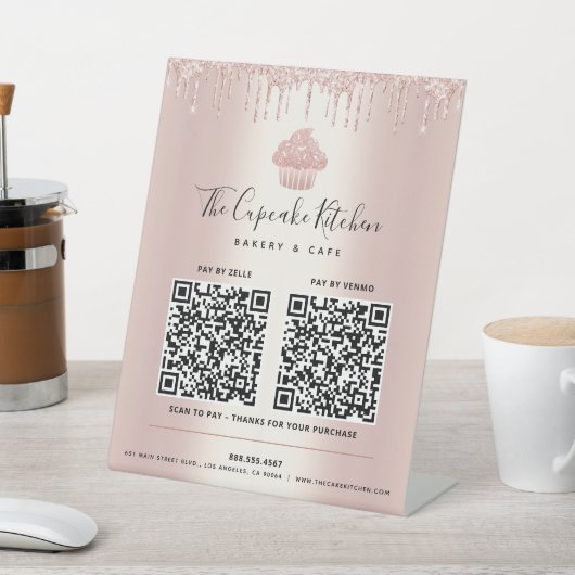 2 QR Code Bezahlung hier Rose Gold Cupcake Glitzer Sockelschild (In SItu)