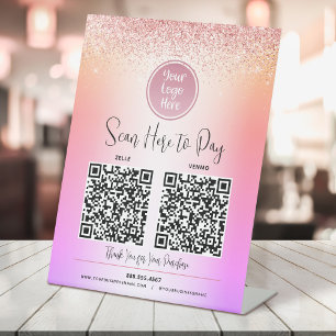 2 QR Code Logo Rosa Glitter Regenbogen Ombre Hier Sockelschild