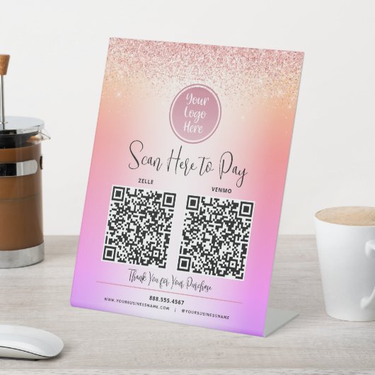 2 QR-Code Logo Rosa Glitzer Rainbow Ombre Bezahlun Sockelschild (In SItu)