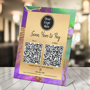 2 QR-Code Pay Here Logo Gold Lila Grün Achat Sockelschild