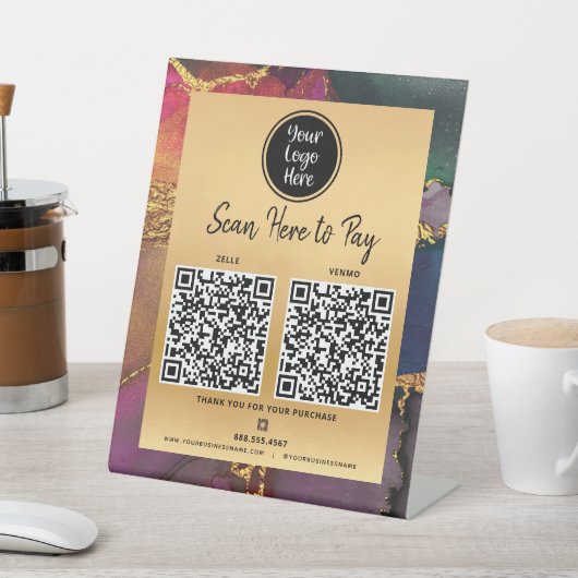 2 QR Code Pay Here Logo Lila Blue Agate Sockelschild (In SItu)