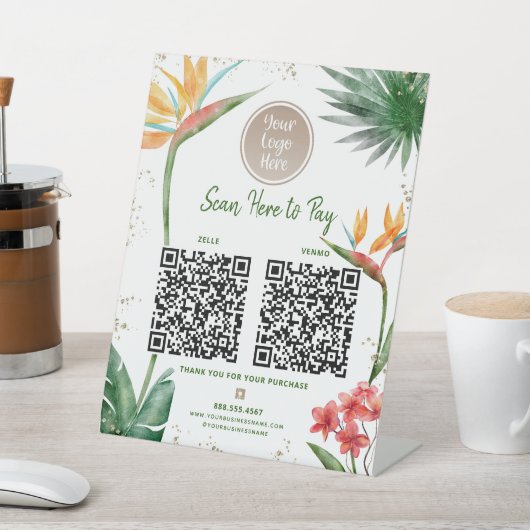 2 QR Code Pay Here Logo Tropical Palm Gold Glitzer Sockelschild (In SItu)