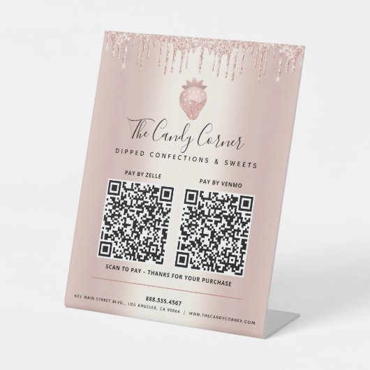 2 QR Codes Bezahlung hier Rose Gold Glitzer Tropfe Sockelschild (Vorderseite)