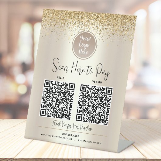 2 QR Codes Custom Logo Gold Glitzer Scan Pay Hier Sockelschild
