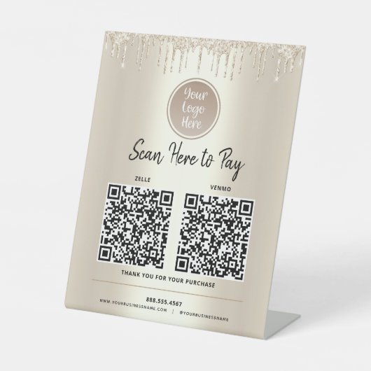 2 QR Codes hier Gold Glitzer Tropfen Benutzerdefin Sockelschild (Vorderseite)