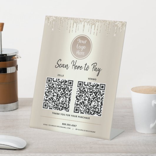 2 QR Codes hier Gold Glitzer Tropfen Benutzerdefin Sockelschild (In SItu)