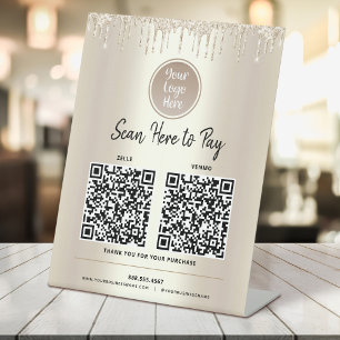 2 QR Codes hier Gold Glitzer Tropfen Benutzerdefin Sockelschild