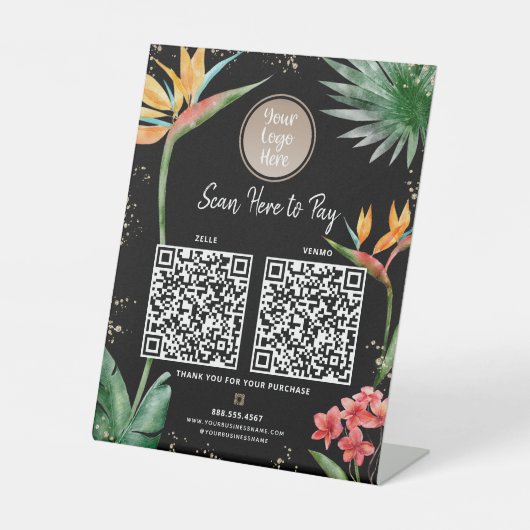 2 QR Codes hier Logos Tropical Palm Black Gold Sockelschild (Vorderseite)