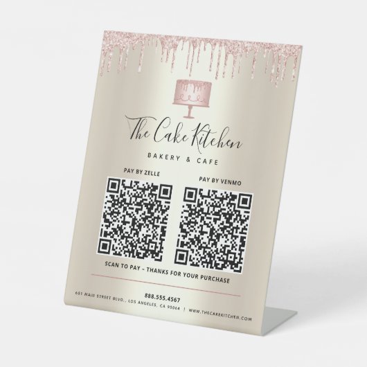 2 QR Codes hier Pink Cake Bake Glitzer Gold Sockelschild (Vorderseite)