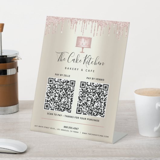 2 QR Codes hier Pink Cake Bake Glitzer Gold Sockelschild (In SItu)