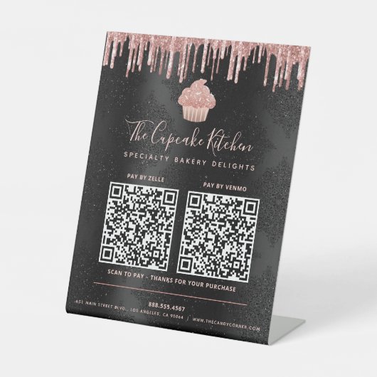 2 QR Codes hier Pink Cupcake Glitzer Schwarz Sockelschild (Vorderseite)