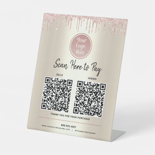 2 QR-Codes hier Rosa Glitzer Gold-Logo Sockelschild (Vorderseite)