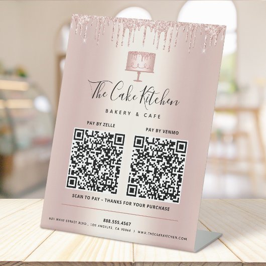 2 QR Codes hier Rose Gold Cake Bäckerei Glitzer Sockelschild