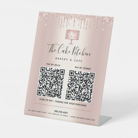 2 QR Codes hier Rose Gold Cake Bäckerei Glitzer Sockelschild (Vorderseite)