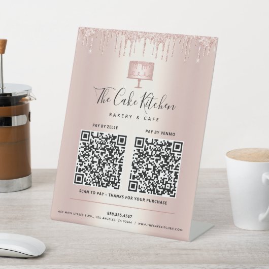 2 QR Codes hier Rose Gold Cake Bäckerei Glitzer Sockelschild (In SItu)
