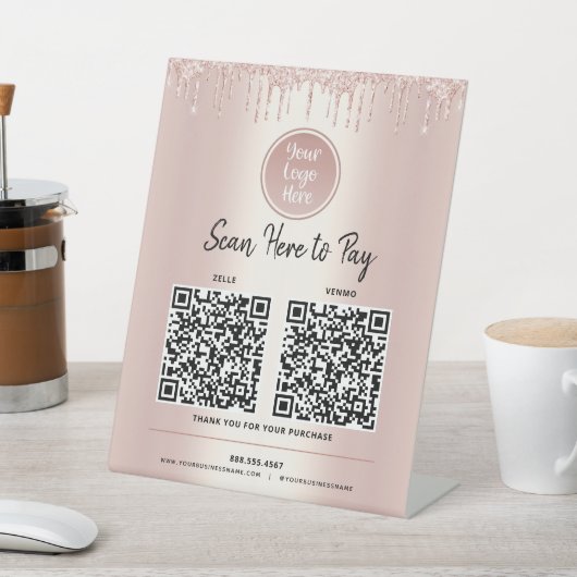 2 QR-Codes hier Rose Gold Glitzer Custom Logo Sockelschild (In SItu)