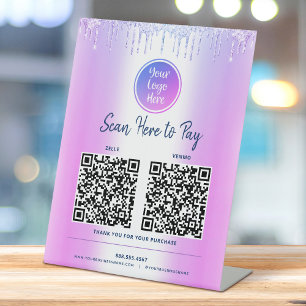 2 QR Codes Pay Here Purple Glitter Custom Logo Sockelschild