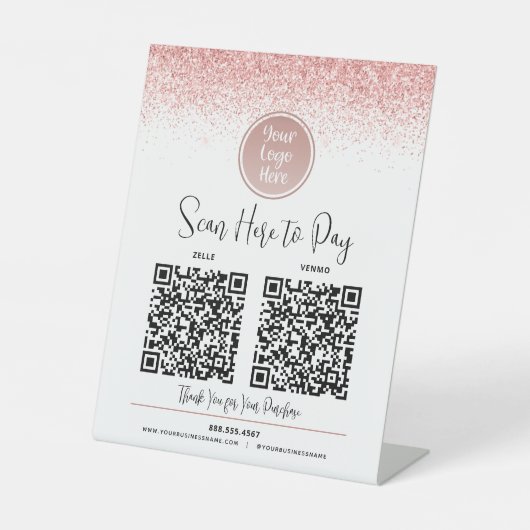 2 QR Codes Pink Glitzer Custom Logo Pay Hier Weiß Sockelschild (Vorderseite)