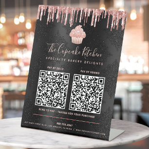 2 QR Codes Zahlen Hier Rosa Cupcake Glitter Schwar Sockelschild