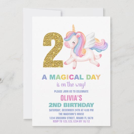 2. Rainbow Unicorn Geburtstag Einladungen (Vorderseite)