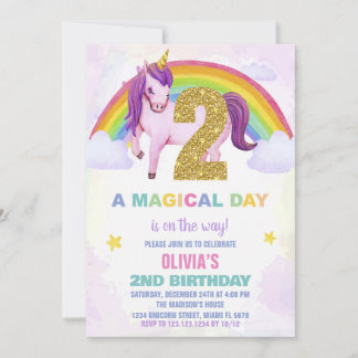 2. Rainbow Unicorn Geburtstag Einladungen Cloud