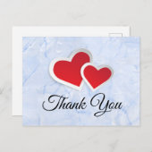 2 Red Paper Hearts on Icy Blue Marmor Vielen Dank Postkarte (Vorne/Hinten)