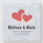 2 Red Paper Hört auf Icy Blue Marmor Hochzeit Steinuntersetzer (Vorderseite)