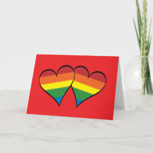 2 Regenbogen-Herzen auf Rot - weit - "Rosen… " Feiertagskarte